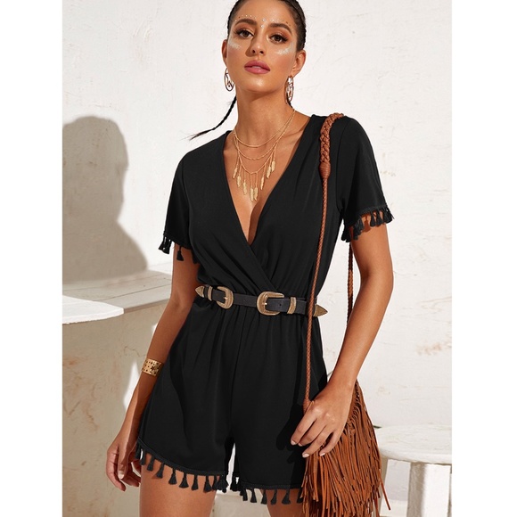 Rouge! Pants & Jumpsuits | Boho Deep V Tassel Detail Black Romper ...